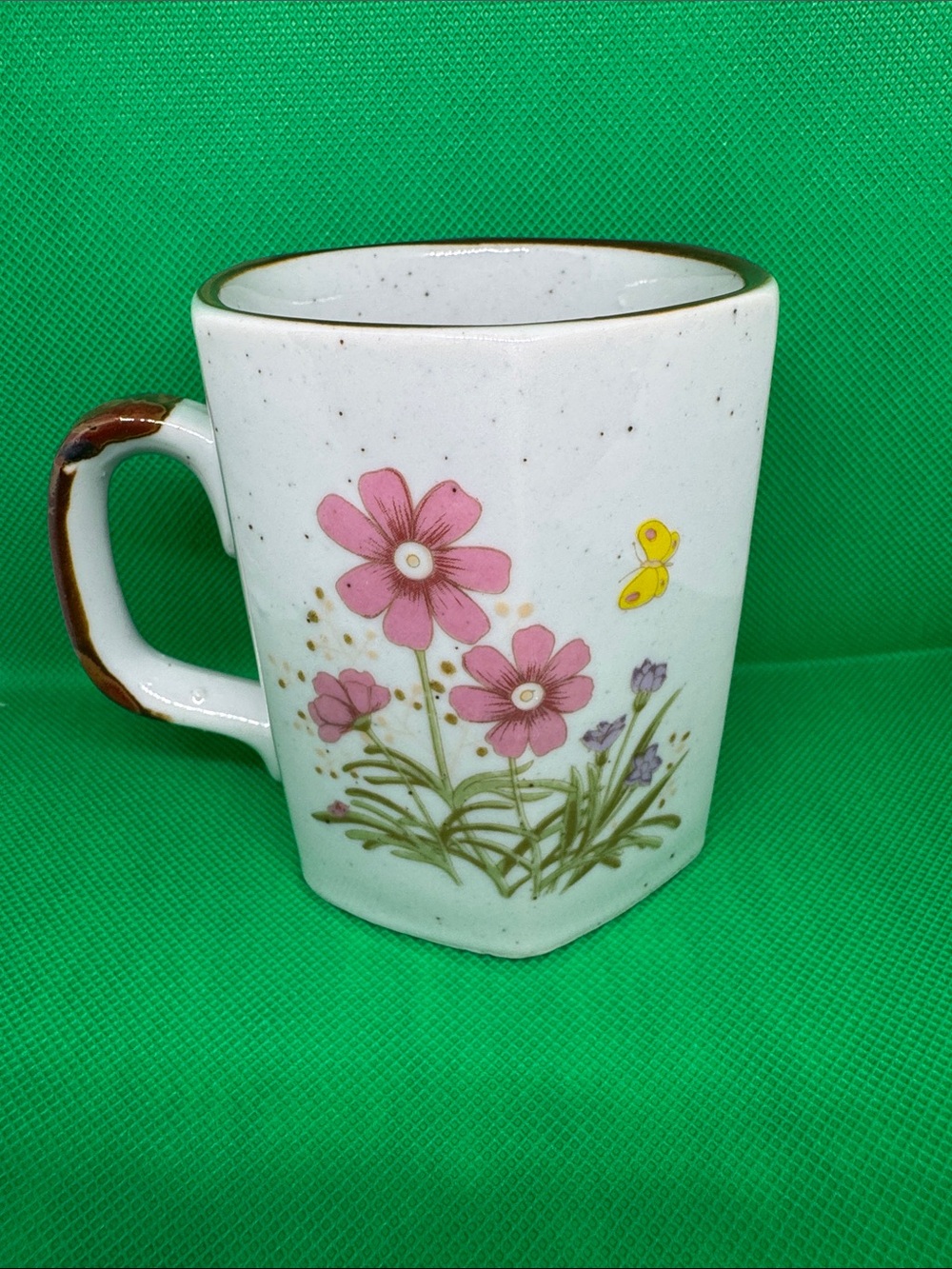 Vintage Pink Lavender Floral and Yellow Butterfly Ceramic Mug Retro